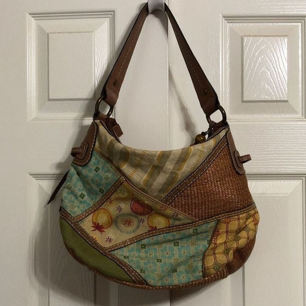 Fossil Patchwork Basket Weave Crescent Shoulder Bag in Brown, Green and Yellow